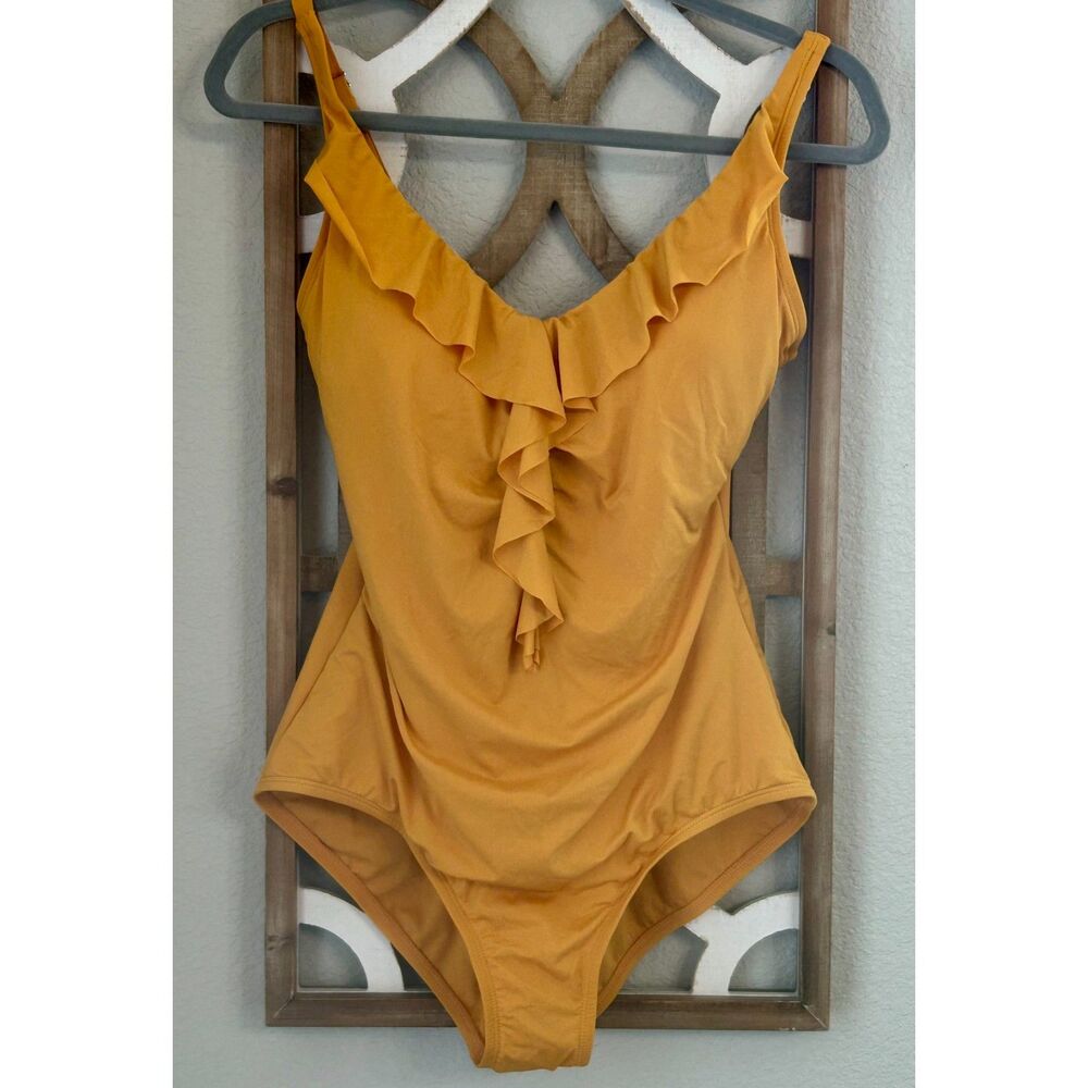 NEW Jantzen Womens Cascading Ruffle One Piece Swimsuit Marigold Yellow Size 10‎
